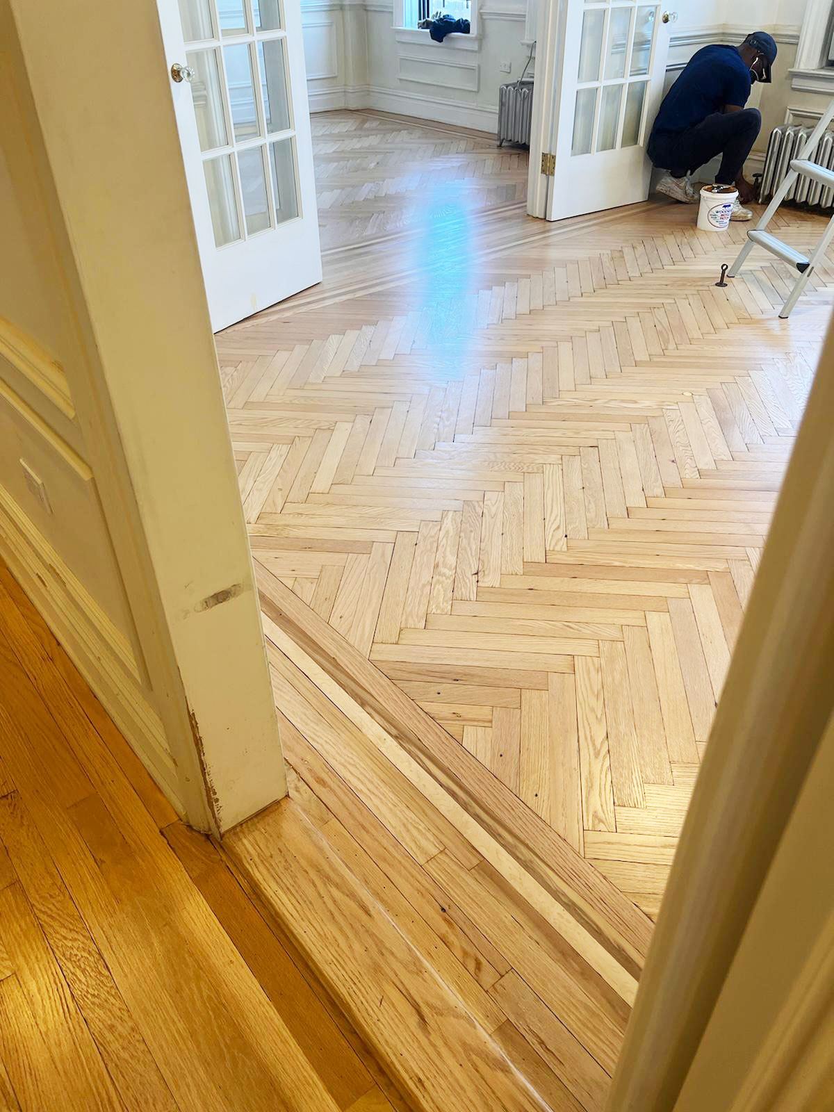 Custom herringbone wood floor